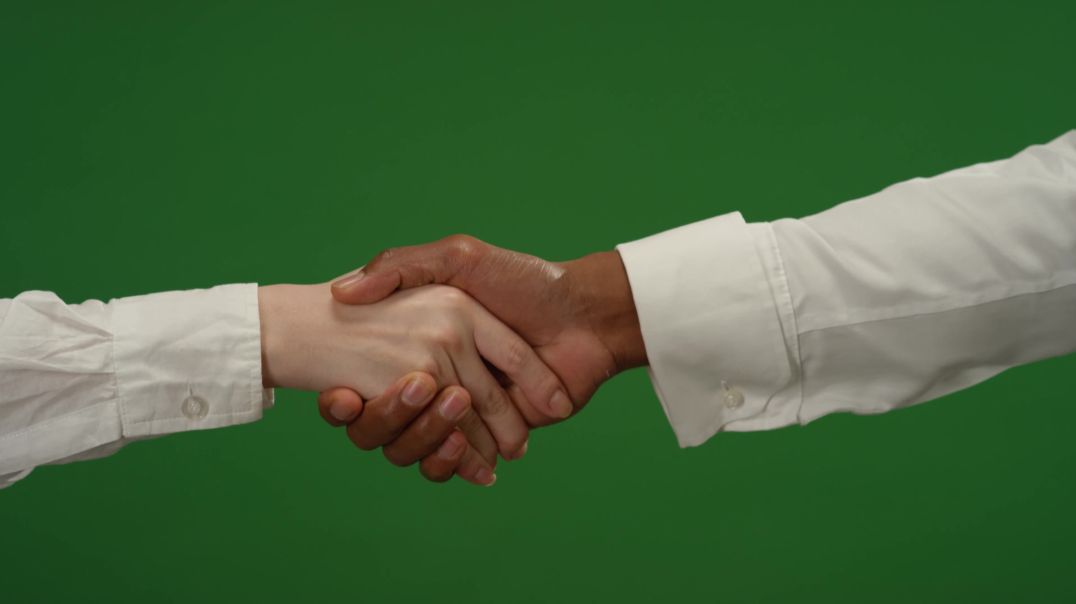 Два человека пожимают друг другу руки на зеленом фоне