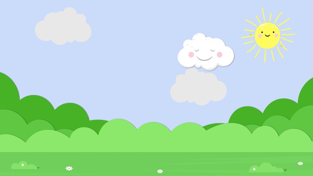 Мультяшный фон солнышко, облачка, зелёные кустики и трава
